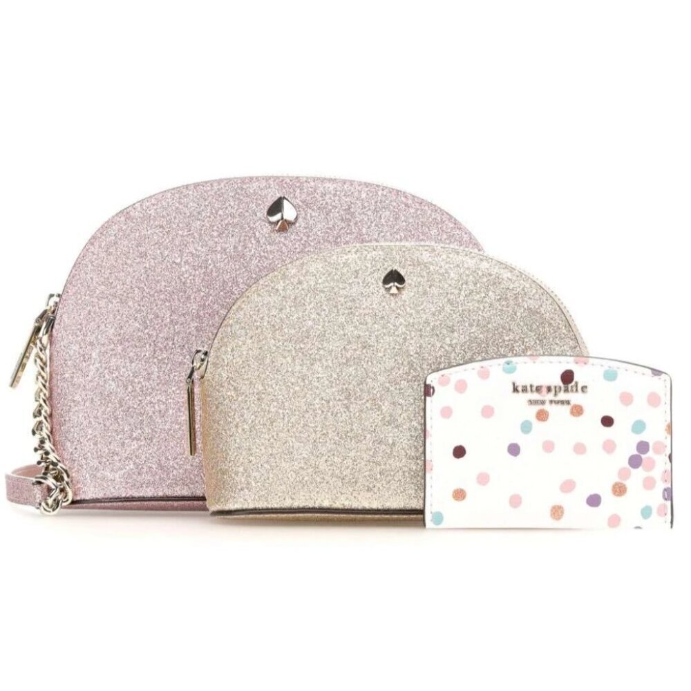 Kate Spade Rose Gold Trio Crossbody Set Wallet Pouch Glitter Makeup Card Case
